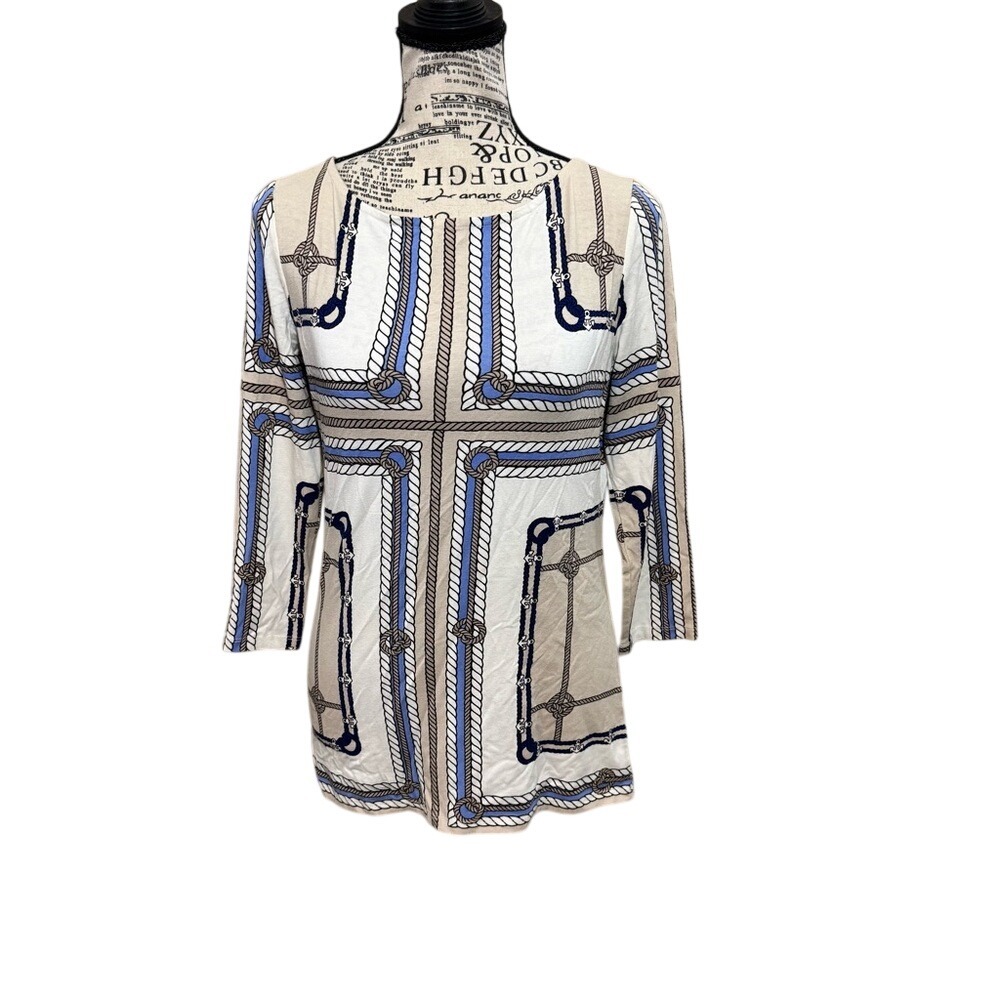Talbots Navy and Cream Rope Print Blouse